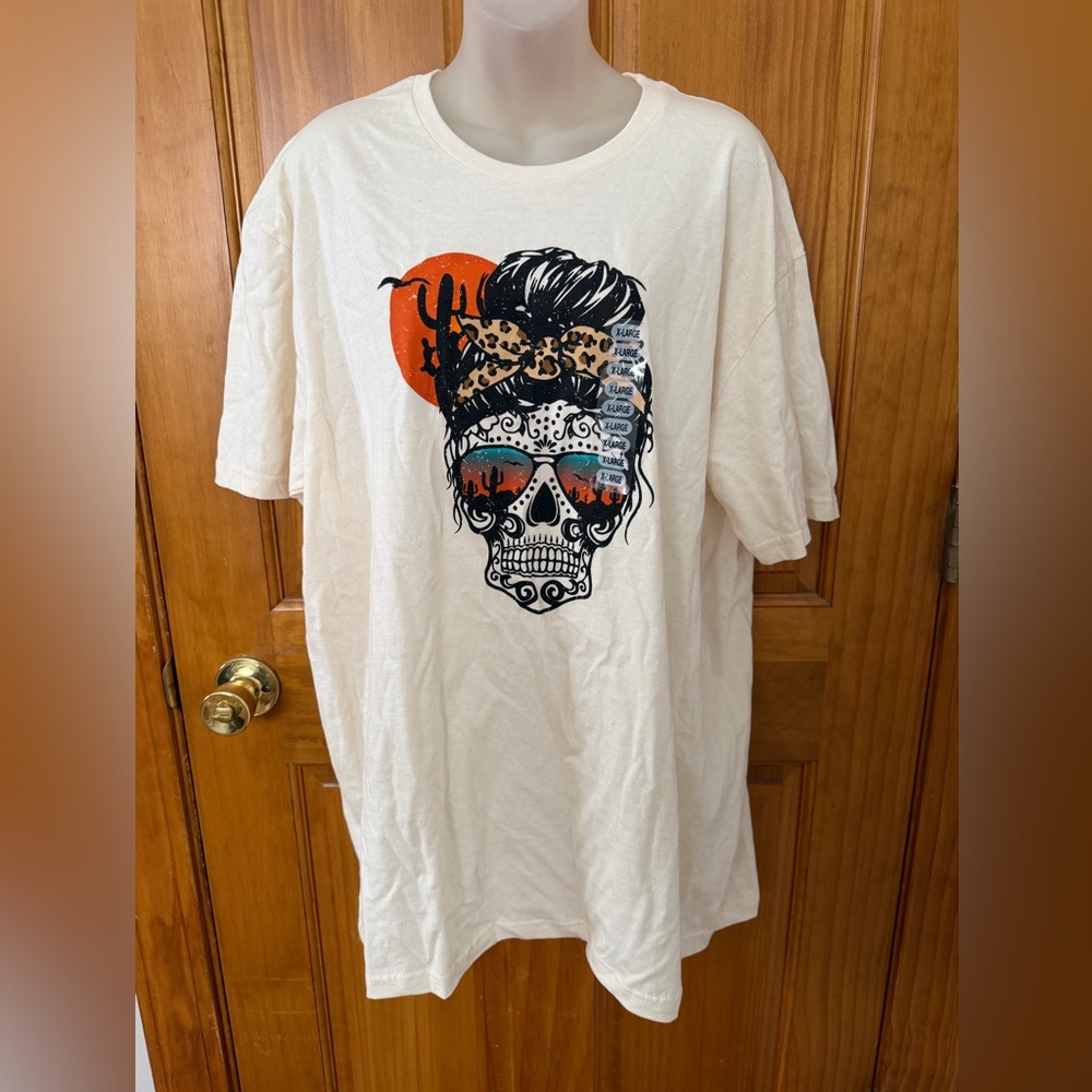 Gildan White T-Shirt with Skull and Leopard Print